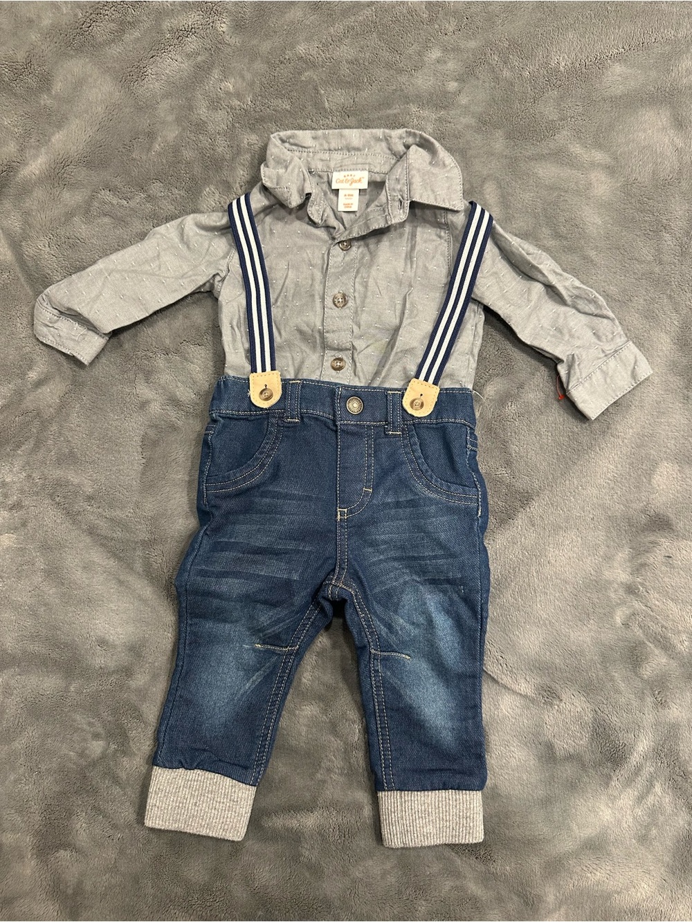 Cat & Jack Navy Denim Suspender Jeans with Grey Shirt